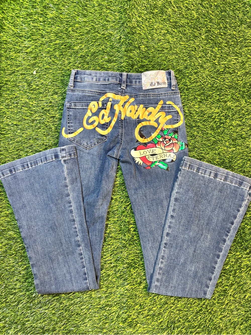 Ed Hardy Blue Denim Flare Jeans with Yellow Script & Rose Patch